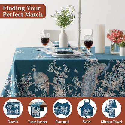 Maison d' Hermine Premium Table Cloth Rectangle Table 100% Combed Cotton 90 x 70 Inches Tablecloth Reusable Decorative for Dining Room, Farmhouse, Party, Festive & Wedding - Peacock Utopia - Deep Sea