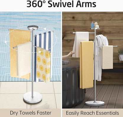 KES Hot Tub Towel Rack Outdoor with 1.5X Heavier Natural Marble Weighted Base, Pool Towel Rack with 360° Adjustable Arms & Storage Tray, 18/8 Stainless Steel, Brushed Steel, OTR203-2