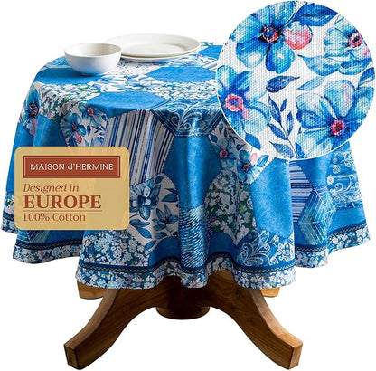 Maison d' Hermine Table Cloth Round Table 100% Cotton 69 Inches Tablecloth Reusable Decorative Everyday Use for Dining Room, Farmhouse, Home, Party, Festive & Wedding Spring Summer - Summer Blues