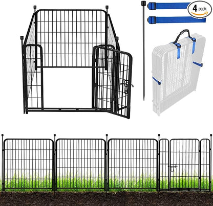 ADAVIN Tall Garden Fence with Gate,40 in(H) 4 Panels Animal Barrier Fence, Black Heavy Duty Iron Metal Fencing Border, Indoor or Outdoor Dog Playpen, No Dig RV Fencing for Yard. Total 8.9 FT(L)