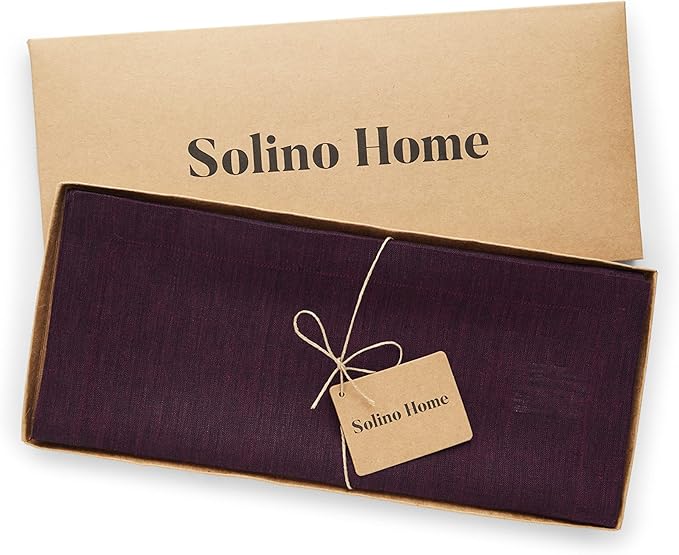 Solino Home Linen Chambray Burgundy Table Runner 132 Inches Long - Athena, 100% Pure Linen 14 x 132 Inch Table Runner for Valentines