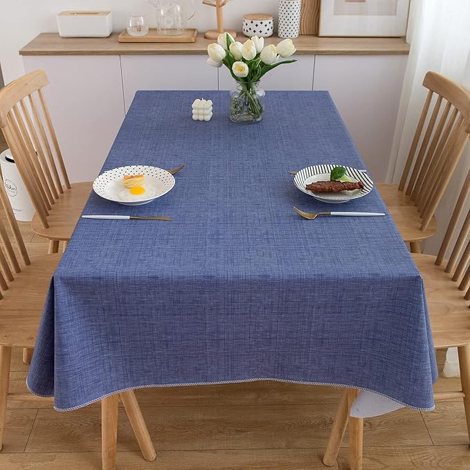 LIBERECOO Vinyl Tablecloth with Flannel Backing, Denim Blue, Waterproof, Stain-Resistant, Easy-Clean Table Cover for Dining, Kitchen, and Outdoor Use, 60" x 120" Rectangle