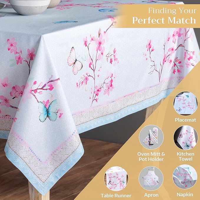 Maison d' Hermine Table Cloth Rectangle Table 100% Cotton 70 x 120 Inches Tablecloth Reusable Decorative for Dining Room, Farmhouse, Home, Party, Festive & Wedding Spring Summer - Blossoms in Spring