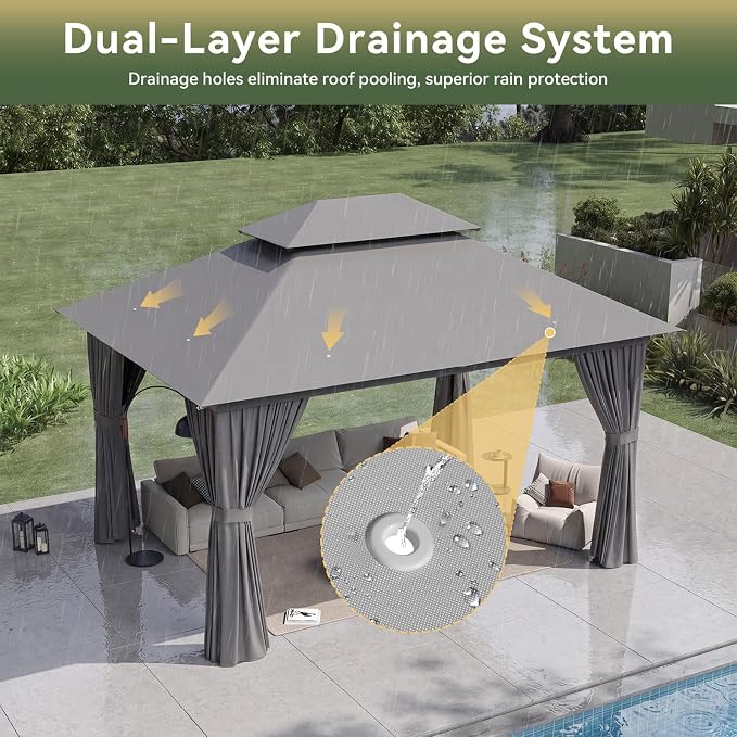 12'x10' Gazebo with Light, Outdoor Gazebo with Double Roofs | Metal Frame Canopy - Image 7
