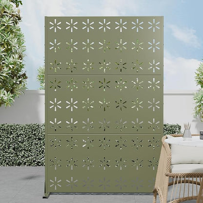 Casaphoria Metal Privacy Screen Outdoor, 72" H x 47" W Freestanding Decorative Privacy Screen for Patio Deck Balcony Garden with Stable Base, Light Green-Star