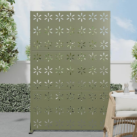 Casaphoria Metal Privacy Screen Outdoor, 72" H x 47" W Freestanding Decorative Privacy Screen for Patio Deck Balcony Garden with Stable Base, Light Green-Star