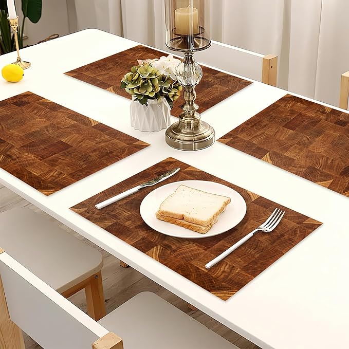 Placemats Set of 6,Retro Wood Linen Table Mats Honey Oak Texture Heat Resistant Place Mats Washable Dining Table Mats for Indoor Outdoor Kitchen Decor Easy Clean 12 x 18 Inch