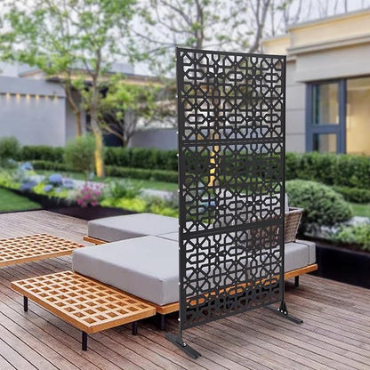 Outdoor Metal Privacy Screen with Stand, 35.4" W x 75" H Freestanding Metal Slatted Decorative Privacy Screen and Panels for Patio Garden Balcony Porch (Black Polygonal)