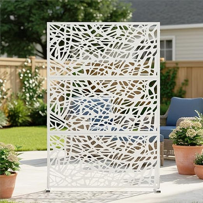 Casaphoria Metal Privacy Screen Outdoor, 72" H x 47" W Freestanding Decorative Privacy Screen for Patio Deck Balcony Garden with Stable Base, White-Net