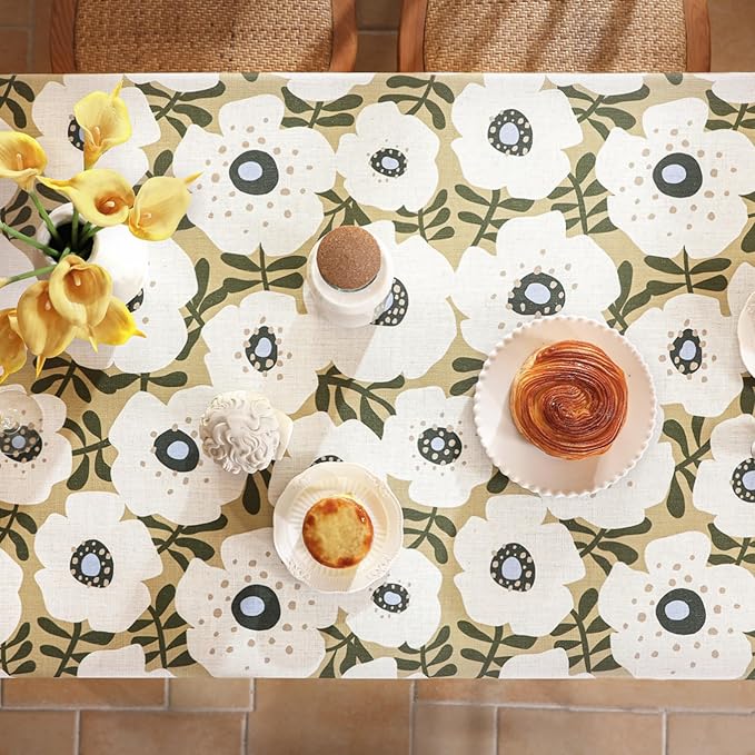 Designer Vintage Long Rectangular Tablecloth,Linen French Tablecloth with White Floral Pattern,Decor Table Cover for Kitchen,Dining,Thanksgiving,Tea Party,63" × 94"-Hidaka
