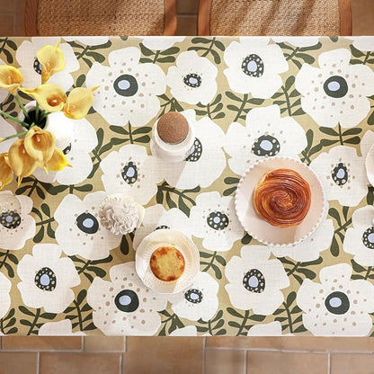 Designer Vintage Square Tablecloth,Linen French Tablecloth with White Floral Pattern,Decorative Table Cover for Kitchen,Dining,Thanksgiving,Tea Party,67" × 67"-Hidaka