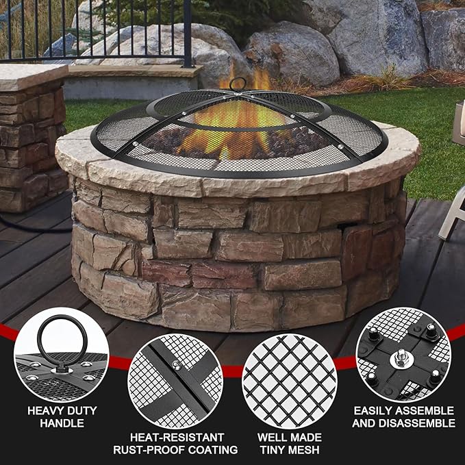 Fire Pit Spark Screen,24 Inch Fire Pit Screen Cover Outdoor with Handle&Poker,Firepit Screens Round Cover Mesh Replacement Heavy-Duty Steel Fire Pit Cover for Backyard/Beach/RV Camping