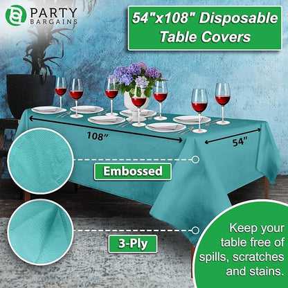 PARTY BARGAINS 54" X 108" Paper & Plastic Table Covers, Turquoise, 10 Pack