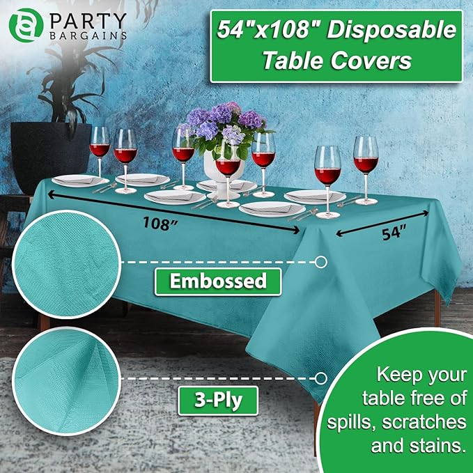 PARTY BARGAINS 54" X 108" Paper & Plastic Table Covers, Turquoise, 5 Pack