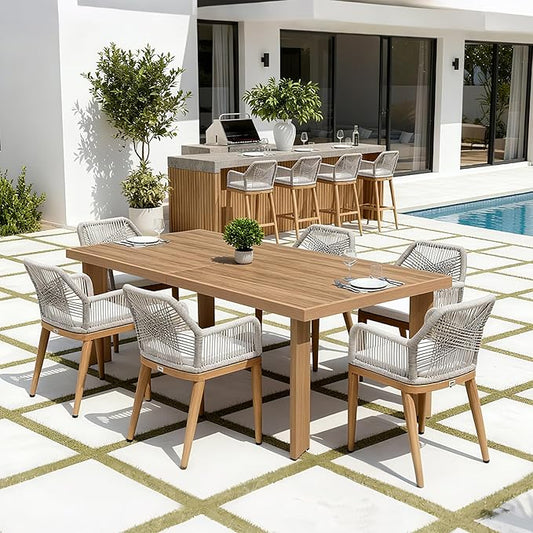 PURPLE LEAF 7 Pieces Patio Dining Set Aluminum Modern Rectangular Table and Rattan Arm Chairs with Cushions for Kitchen Porch Garden Outdoor Furniture Set with Bar Stools, Teak