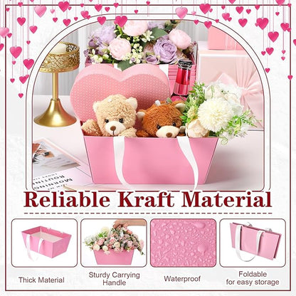 Glenmal 72 Pcs Baskets for Gifts Waterproof Empty Kraft Basket Bulk with Handles 9.8 x 6.5 x 4.3'' Gift Basket Empty to Fill for Wedding Party Christmas Valentines(Pink)