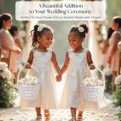 Flower Girl Basket (Set of 2) | Handcrafted Natural Wicker Flower Baskets for Flower Girl - Premium Wedding Basket with Water Resistant Liner - Perfect for Weddings, Parties & Home Décor