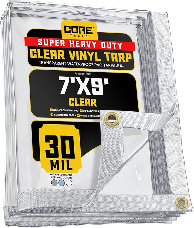 Core Tarps 30 Mil Extreme Heavy Duty Clear Tarp with Gromments - 7x9ft Super Clear Tarps Heavy Duty Waterproof Vinyl Tarpaulin, Transparent Tarp for Outdoor, Camping & Construction, Clear