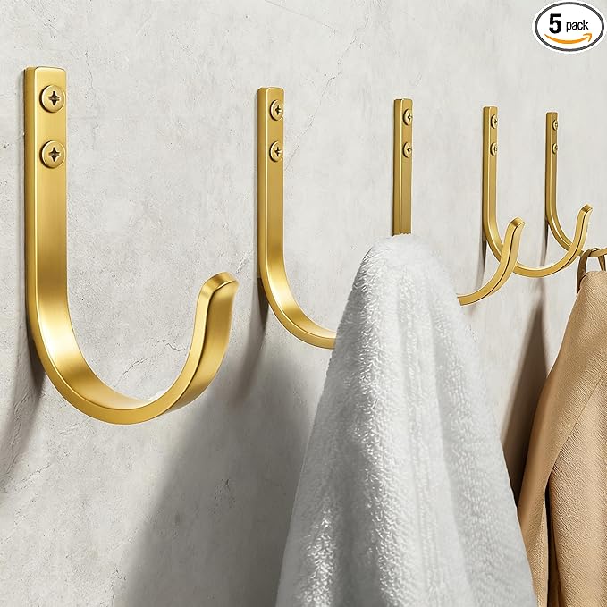 Wall Hooks for Hanging Towel/Coat - 22LB Screw in Metal Hanger Wall Mount, for Outdoor, Closet, Door, Bathrooms, for Backpack, Robe, Brushed Gold 5 Pack