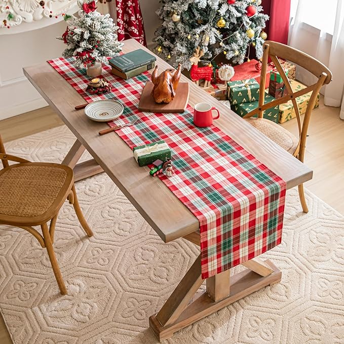 Red Gold Plaid Christmas Table Runner, Winter Holiday Table Runners 108 inches Long, Xmas Decorations Indoor Outdoor Farmhouse Home Kitchen Dining Party Decor