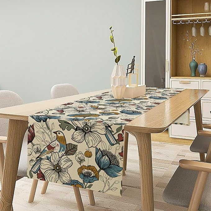 Boho Flower Birds Table Runner,Vintage Floral Aesthetic Art Table Decoration for Kitchen Dining Table Holiday Indoor Outdoor Home Party Decor 13x108in