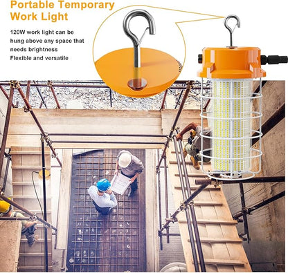 120W LED Temporary Work Light 18000LM Construction Lights 5000K Led Work Light IP67 Dust Waterproof Portable Lights with Stainless Steel Guard Hook for Factory Mine Wharf Job Site Garage Temp Lighting