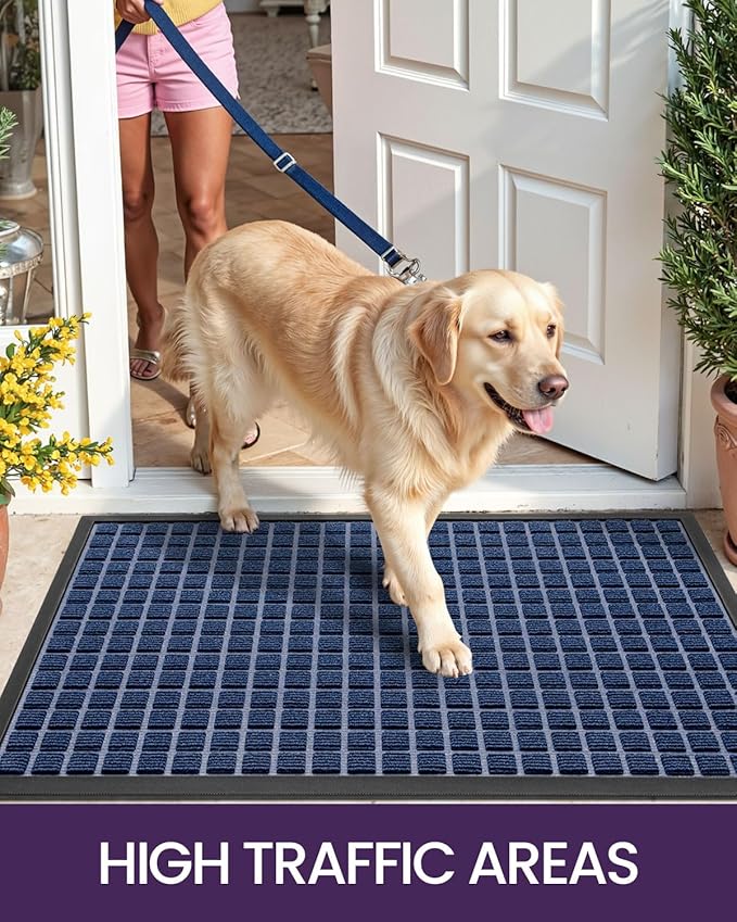 DEXI Front Door Mat Outside Entrance, 17x29 Rubber Entry Doormat Heavy Duty, Welcome Mats Non Slip for Inside House Floor Entryway Double Doors Exterior Patio, Checkered Blue