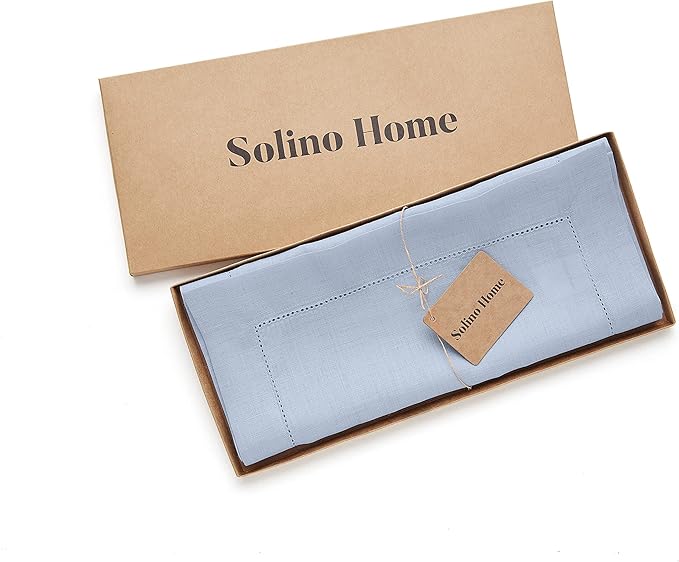 Solino Home Linen Sky Blue Table Runner 120 Inches Long - 100% Pure Linen Hemstitch 14 x 120 Inch Table Runner for Dining, Spring, Easter - Classic Hemstitch