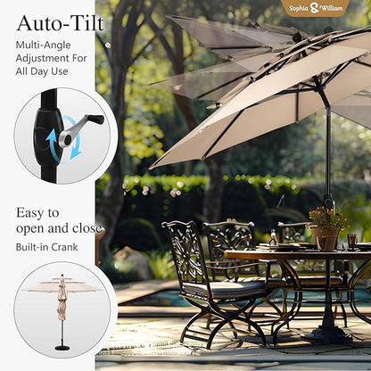 Sophia & William Metal Outdoor Patio Dining Set 6 PCS with 10ft 3 Tier Auto-tilt Umbrella(Beige), 4 x Metal Outdoor Chairs, 1 x Square 37"x 37" Dining Table and 1 Patio Umbrella