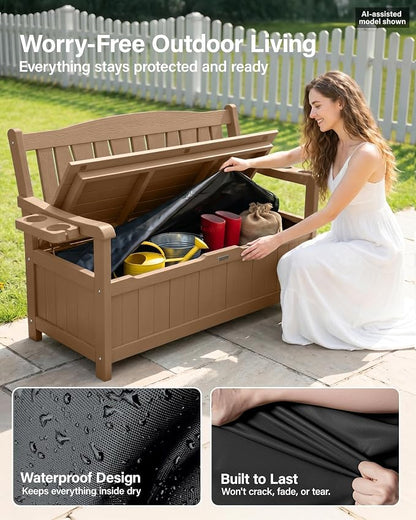 YEFU Outdoor Bench Set of 2, Heavy Duty Garden Storage Bench, Teak | HIPS - Image 4