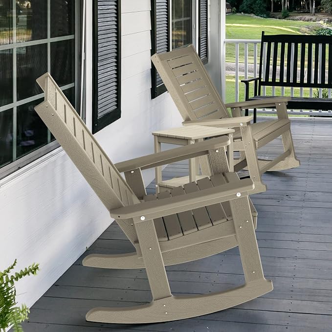 GREENVINES Outdoor Rocking Chairs Set of 2, HDPE Rocker, Desert Brown | Wood - Image 5