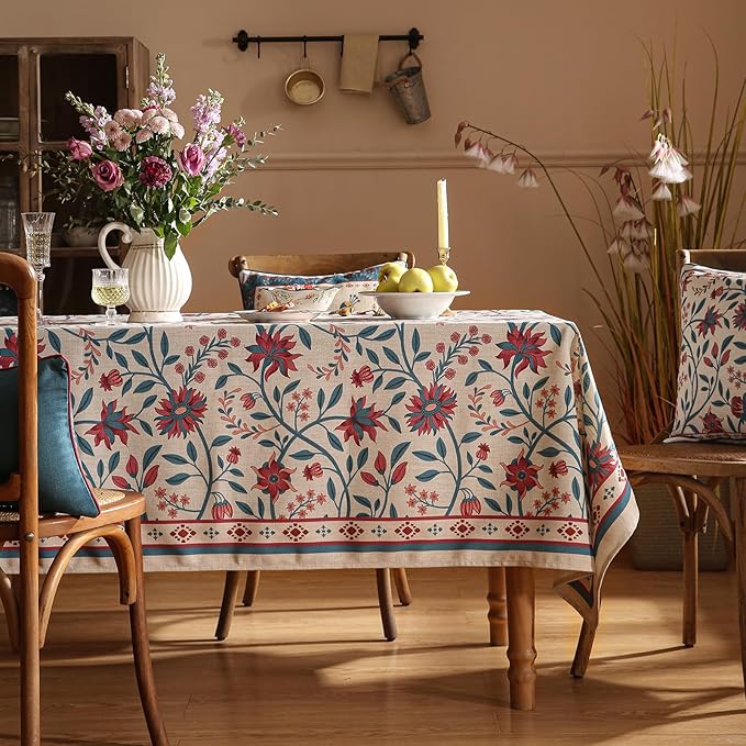 Designer Linen Rectangle Tablecloth,Vintage William Morris Wrinkle Free Floral Extra Long Table Cloth,Decor Table Cover for Kitchen,Dining,Thanksgiving,Christmas,63"*110"-Dorodango B