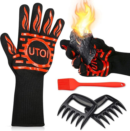BBQ Grill Gloves Kit, 1472°F Heat Resistant BBQ Gloves/Long Non-Slip Oven Mitts, Meat Shredder Claws & Silicone Basting Brush for Grilling, Smoker, Baking, Barbecue, Kitchen & Outdoor Cooking