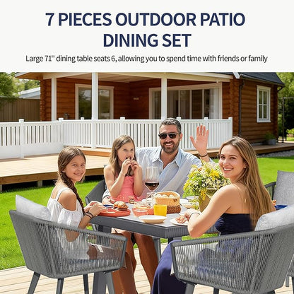 7 Pieces Patio Dining Set for 6 - All Weather Outdoor Dining Sets, All in One Outdoor Table and Chairs, Wicker Outdoor Patio Furniture Sets with Cushions and Pillows, Grey