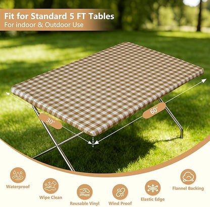 Rectangle Picnic Table Cloth, Elastic Waterproof Fitted Vinyl Tablecloths for 5 Foot Tables, Wipeable Flannel Backed Table Covers for Dining, Camping, Outdoor(Khaki Plaid,30"x60")