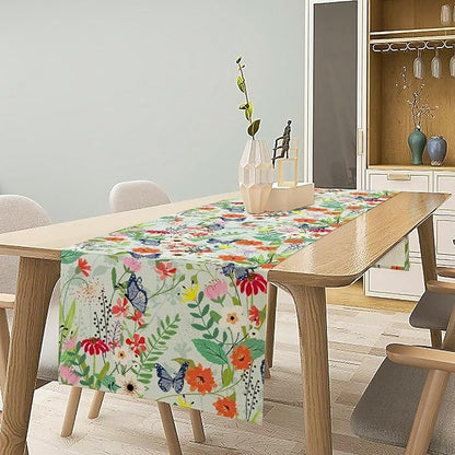 Butterfly Table Runner, Colorful Wildflower Butterfly Spring Table Runner for Holiday Kitchen Dining Home Party Outdoor 13x70in