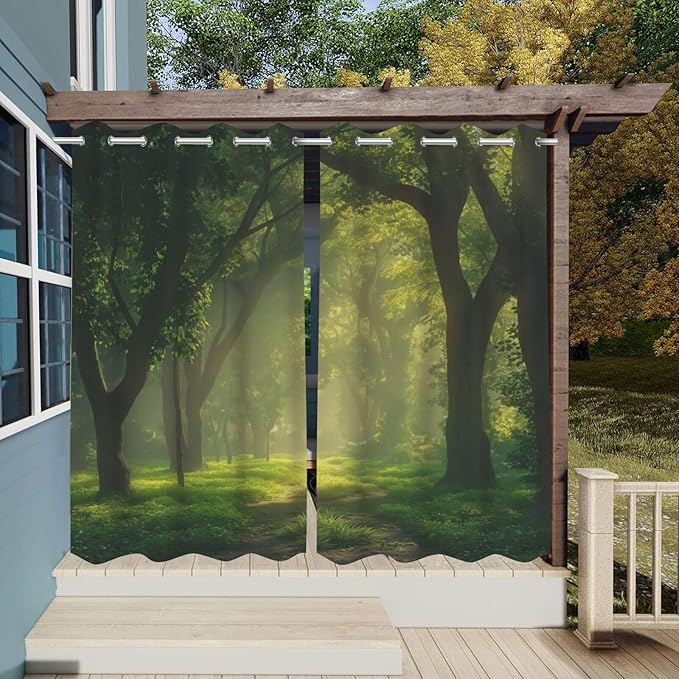 Forest Theme Waterproof Indoor/Outdoor Curtains,Dawn Trees Jungle Pattern,Privacy Weatherproof Grommet Outside Curtains for Porch, Pergola, Cabana,2 Panel,W54 x L96,Green
