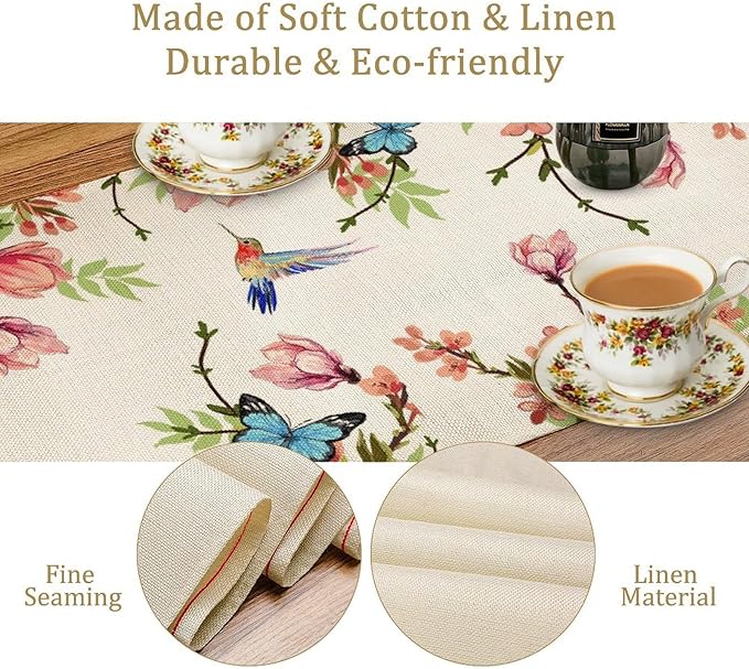 Spring Flower Table Runner, Seasonal Rustic Garden Flowers Bird Butterfly Print Table Runner for Home Kitchen Table Decor, 13x90inch