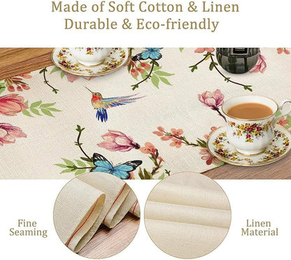 Spring Flower Table Runner, Seasonal Rustic Garden Flowers Bird Butterfly Print Table Runner for Home Kitchen Table Decor, 13x70inch