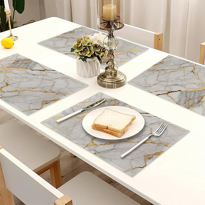 Placemats Set of 6,White Gold Marble Linen Table Mats Abstract Heat Resistant Place Mats Washable Dining Table Mats for Indoor Outdoor Kitchen Decor Easy Clean 12 x 18 Inch