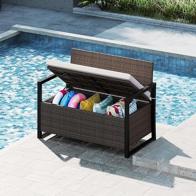 RELAX4LIFE Wicker Rattan Outdoor Storage Loveseat Bench Mix Brown Off White | - Image 9