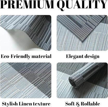 Placemats Set of 6 Vinyl/Plastic Woven Place Mats for Kitchen Table Indoor/Outdoor Washable Placemat Wipeable Dining Table Mats (Ombre Silver Grey Black,6)