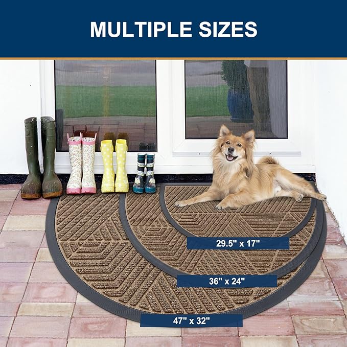 Smiry Half Circle Front Door Mat Outside Entrance, Heavy Duty Sturdy Natural Rubber Doormat, Trap Dirt and Moisture, Low Profile Mats for Indoor Outdoor Entry, Irregular Triangle (29.5x17, Brown)