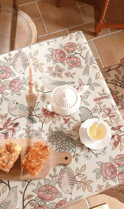 patdrea Designer Pink Linen Table Cloth for Rectangle Table,Vintage Floral with Birds Pattern Decorative Tablcloth,French Table Cover for Kitchen Dining,Thanksgiving,Christmas,63"x102"-Kulom a