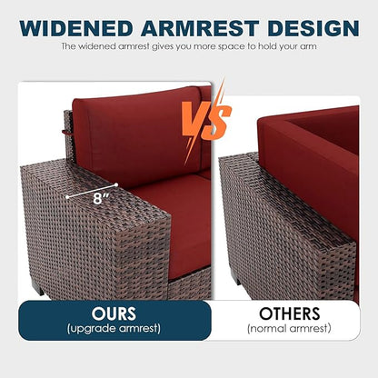 7 Piece Patio Furniture Set with Fire Pit Table, Outdoor Conversation Sets Wicker Rattan Sectional Sofa with Coffee Table, 4'' Thickened Cushion Wine Red (Include Waterproof Cover)
