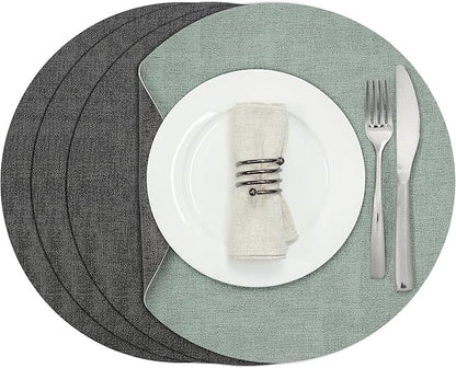 Myir JUN Round Placemats Dual Sided, Faux Leather Place Mats Set of 4 Indoor for Dining Table Outdoor Non-Slip Washable Table Mats (Set of 4, Gray Sage Green)