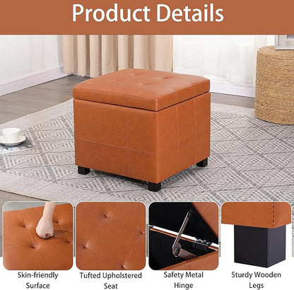 Homebeez Faux Leather Lift Top Storage Ottoman Bench with Solid Wood Frame & Tufted PU - 17.3 Inch Cube Footrest, Seat, with Metal Hinges for Living Room, Bedroom, Dorm | Orange Brown