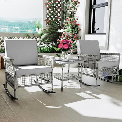 DECMICO 3-Piece Grey Wicker Rocking Chair Set, Outdoor Patio Furniture | Modern - Image 3