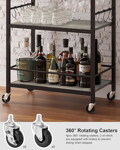 TUTOTAK Bar Cart, Home Bar Serving Cart, Microwave Cart, Drink Cart, Mobile Kitchen Shelf with Wine Rack and Glass Holder, Rolling Beverage Cart for Living Room, Kitchen, Greige BC01BG032