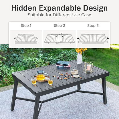PHI VILLA Expandable Patio Dining Table Metal Outdoor Table for 6-8 Person Lawn Garden Bistro Rectangular Table, with Adjustable Legs, Black